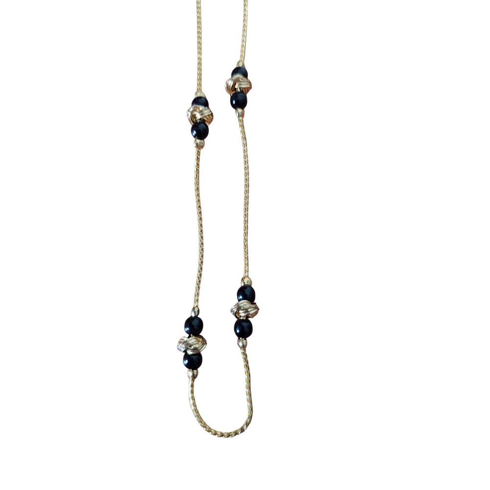 Vintage Gold Tone Station Necklace with Black Beads and Textured Knots 30‎ Inch